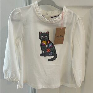 Boden Cream Long Sleeve Baby Girls Tee with Floral Cat Design